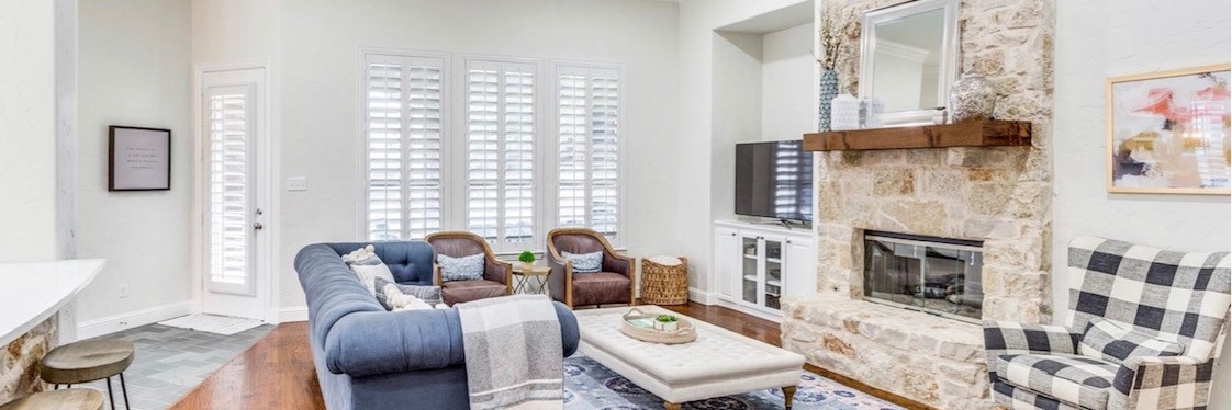 Plantation shutters in a family room