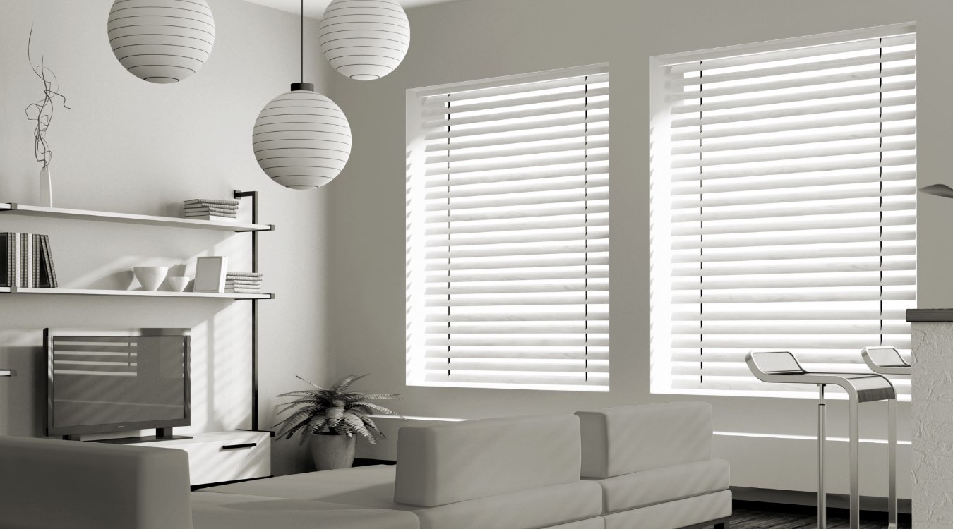 Faux wood blinds in dining room