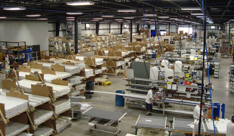 Our plantation shutters are sourced from recycled wood composite. Sunburst shutters being assembled in the factory.
