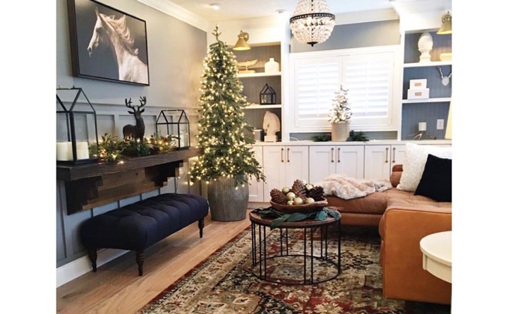 If your furniture pieces are beginning to come apart, the holidays are a wonderful time to upgrade. Family room with hardwood floors and shutters.