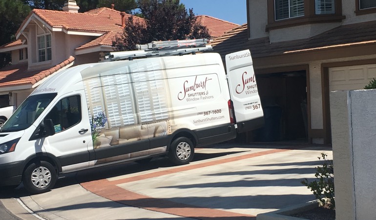 During an in-home consultation, we take the showroom to your house. Alt text: Sunburst Shutters van parked at customer's home.